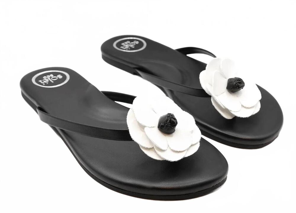 NEW SOLEI SEA women's valentina vegan leather thong sandal in black/white